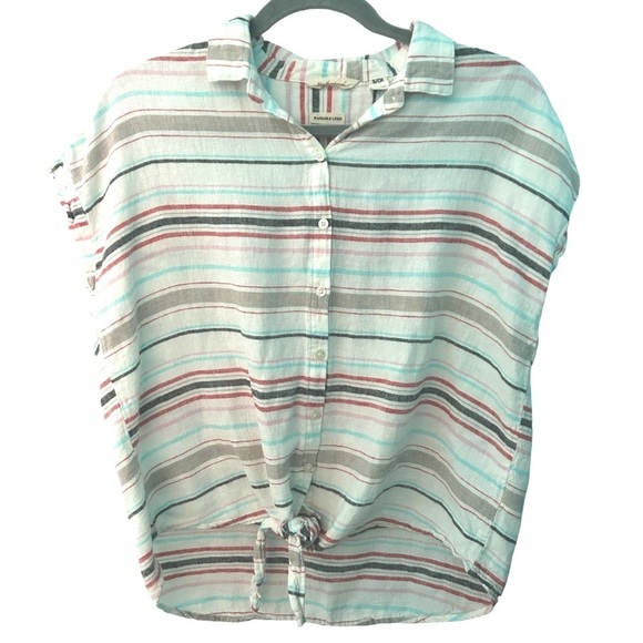 Vintage Linen Tie Front Striped Top Size Small - Picture 2 of 7